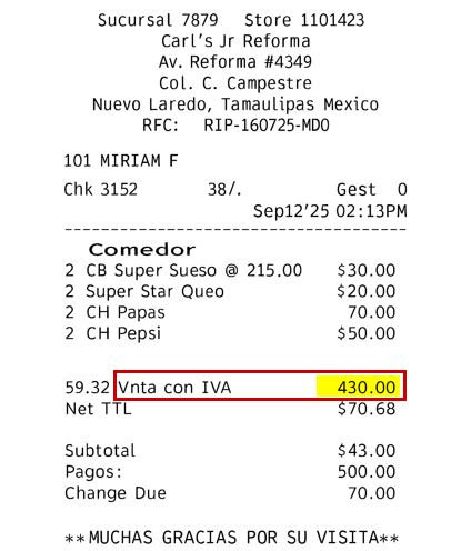 Ejemplo: Ubicación del Importe Total